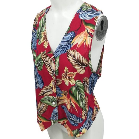 Vintage Confetti Hawaiian Floral Print Vest Sleeveless Shirt Size M 80s 90s Red - Picture 8 of 15